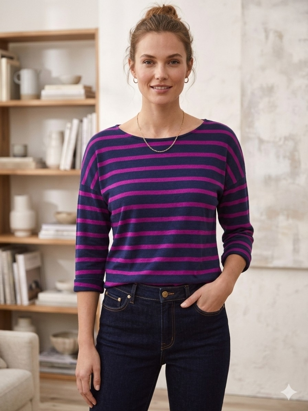 Ann Taylor Striped Boatneck Top in Purple and Pink